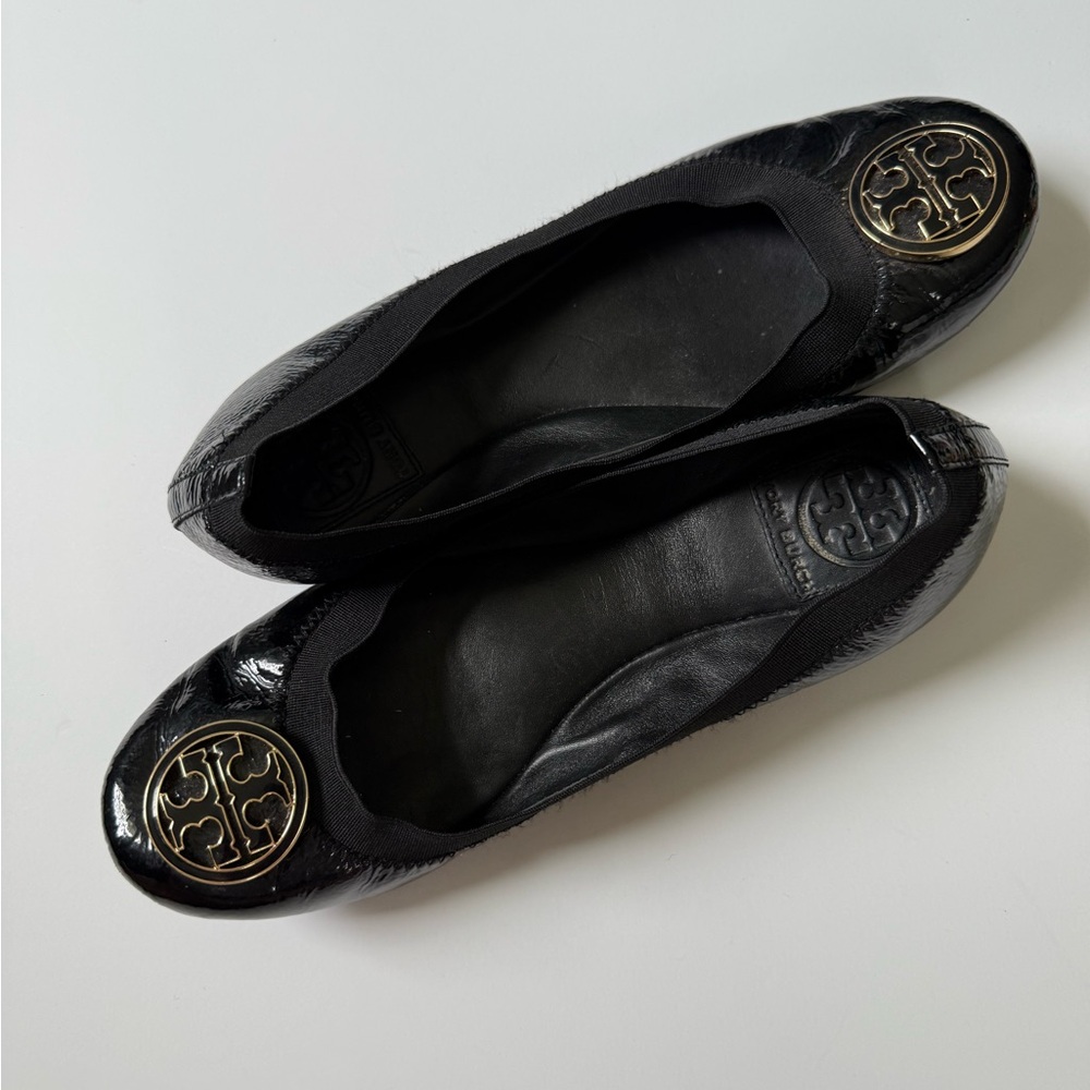 Tory Burch Black Flats with Gold Logo